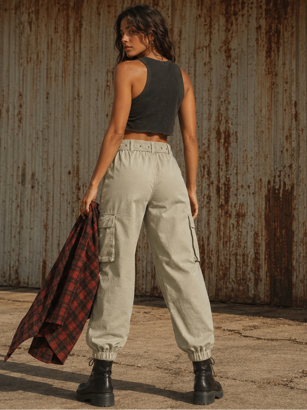 Forever 21 Khaki High Rise Belted Cargo Jogger Pants Utility Y2K 100% Cotton XS - Picture 7 of 9